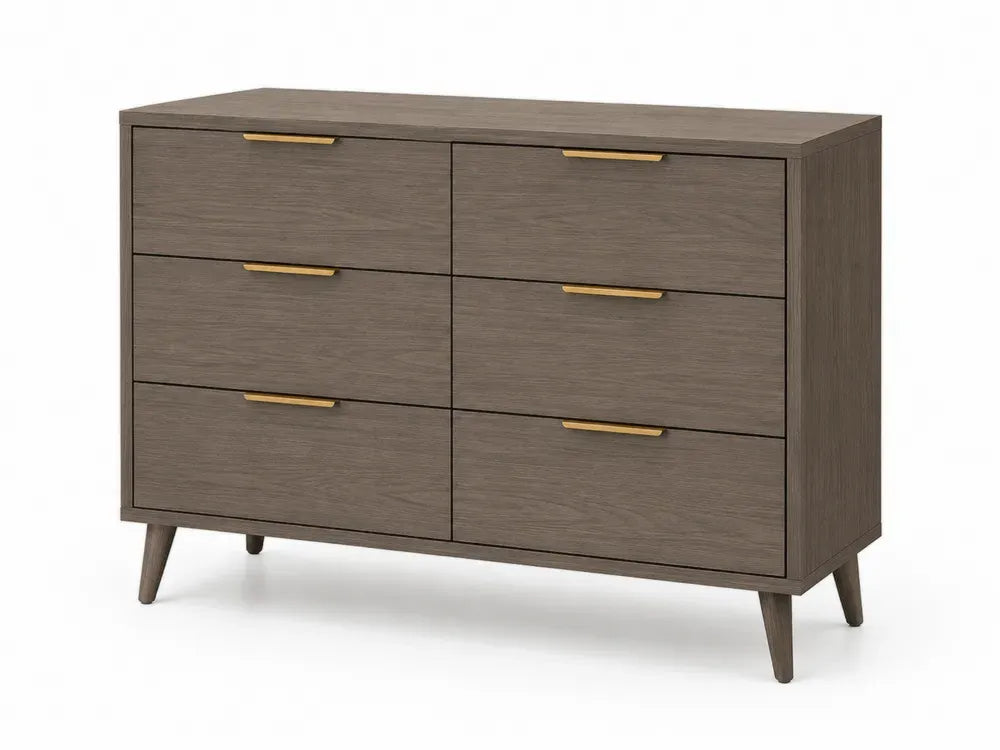 Kommode mit 6 Schubladen rechteckig MDF Eichenfurnier Kautschukholz Dunkelbraun Goldfarben 120 x 40 x 80 cm