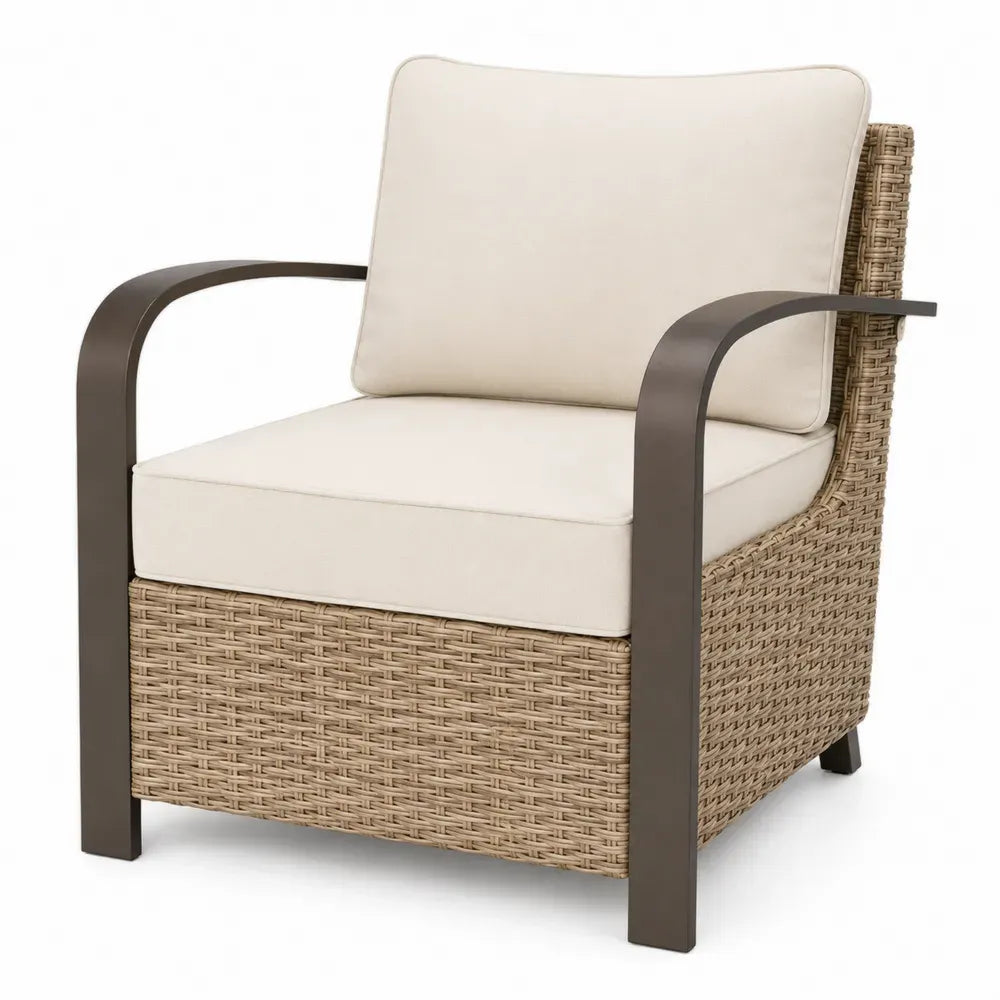 Gartenstuhl Lounge-Sessel rechteckig mit Armlehnen und Kissen PE-Rattan Stahl Polyester Beige Naturbeige Dunkelbraun 74 x 78 x 85 cm