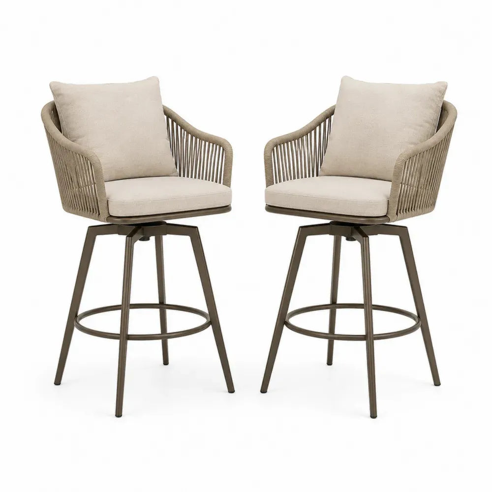 2er Set drehbare Gartenbarstühle mit Armlehnen halbrund Beige Taupe Dunkelbraun 58 x 56 x 108 cm Polypropylen Kordel Stahlrohr