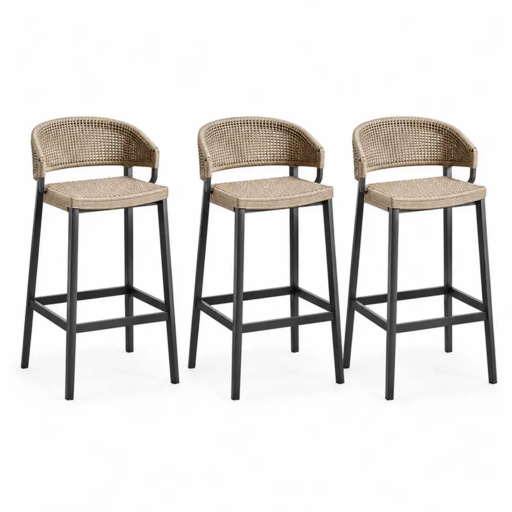 3er Set Gartenbarstühle mit Rückenlehne PE-Rattan und pulverbeschichtetem Stahl rechteckig Natur Schwarz 52 x 54 x 104 cm