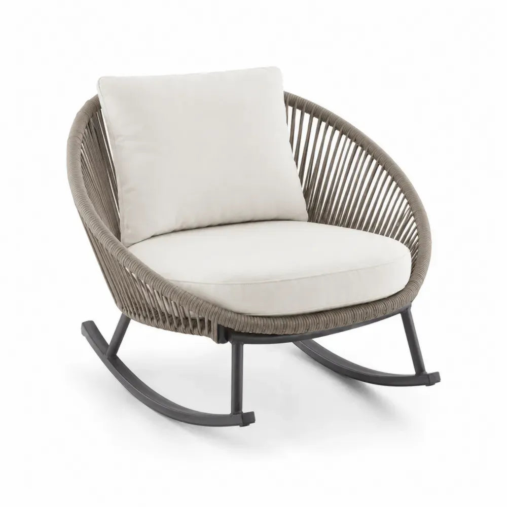Gartenstuhl Schaukelstuhl Loungesessel mit rundem Sitzkorb aus PE Rattan Seilgeflecht Stahlrahmen Polyesterkissen beige taupegrau schwarz 92 x 86 x 82 cm