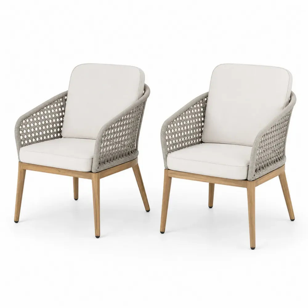 2er Set Gartenstuhl Loungesessel mit Armlehnen PE Rattan Aluminiumrahmen Akazienholzbeine Polyesterkissen beige naturbeige naturholzfarben 62 x 65 x 82 cm