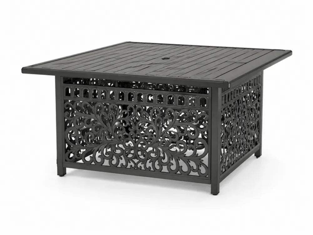 Gartentisch quadratisch mit Sonnenschirmloch Anthrazit 120 x 120 x 74 cm Aluminium Stahl mit Ornamentmuster