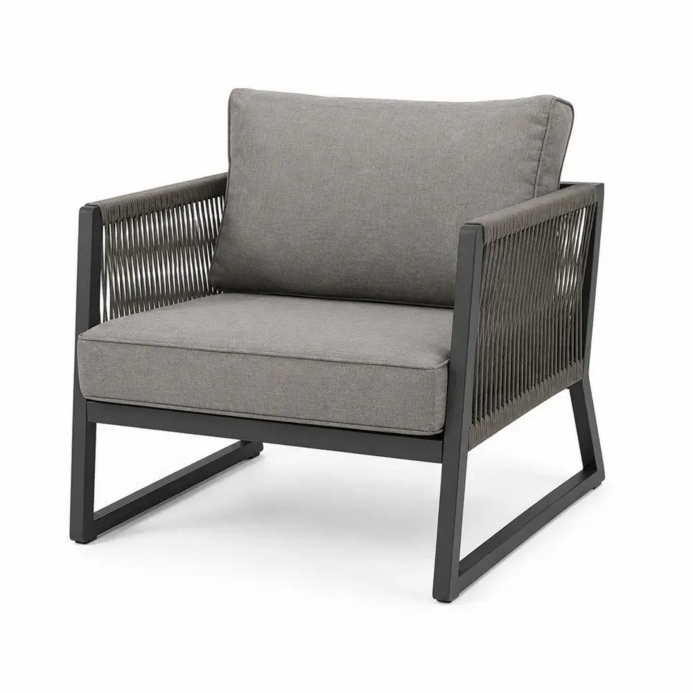Garten Loungesessel 1-Sitzer mit Armlehnen Aluminiumrahmen Polyesterkissen Polyesterseil Grau Schwarz 78 x 80 x 78 cm
