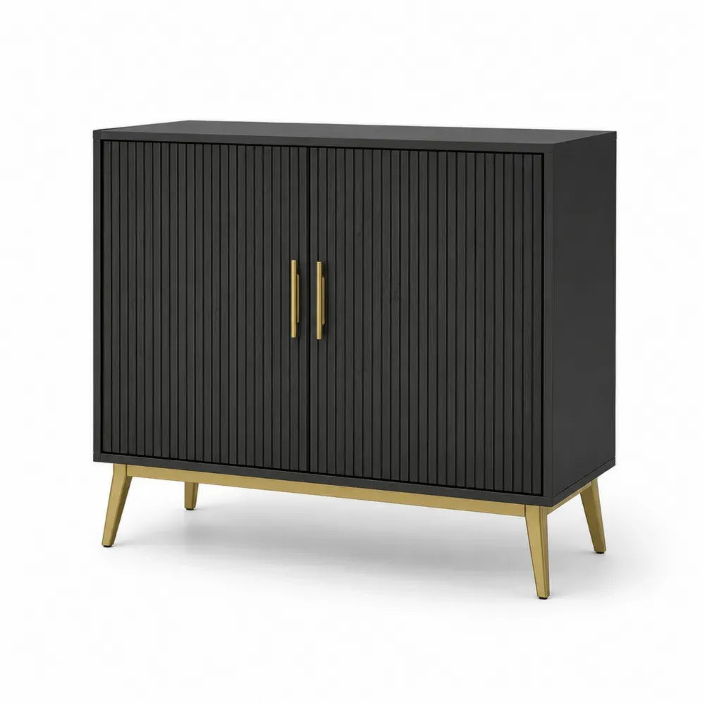 Sideboard Aufbewahrungsschrank mit Rillentüren rechteckig Schwarz Goldfarben 100 x 40 x 85 cm MDF Spanplatte Stahl