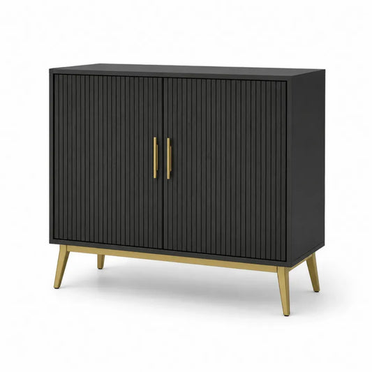 Sideboard Aufbewahrungsschrank mit Rillentüren rechteckig Schwarz Goldfarben 100 x 40 x 85 cm MDF Spanplatte Stahl