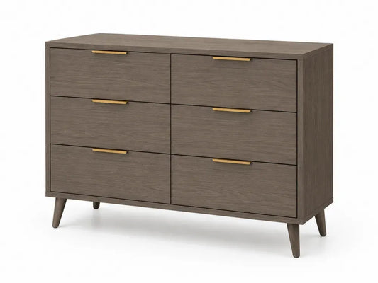 Kommode mit 6 Schubladen rechteckig MDF Eichenfurnier Kautschukholz Dunkelbraun Goldfarben 120 x 40 x 80 cm