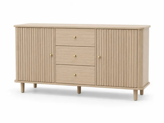 Rechteckiger Aufbewahrungsschrank mit 2 Türen 3 Schubladen Spanplatte MDF Eiche hell Goldfarben 160 x 40 x 78 cm