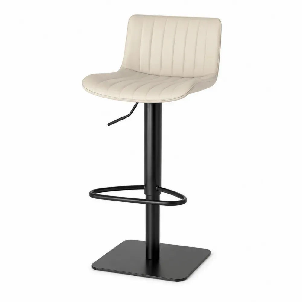 Barhocker höhenverstellbar 360° drehbar mit Rückenlehne PU-Kunstleder Stahl quadratischer Standfuß Cremeweiß Schwarz 48 x 50 x 82-104 cm