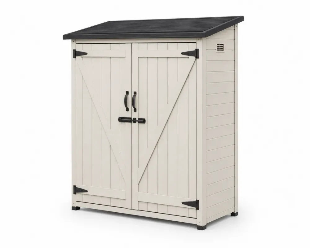 Gartenschrank Geräteschrank mit Doppeltür 110 x 76 x 132 cm Polypropylen Holzoptik Creme Schwarz