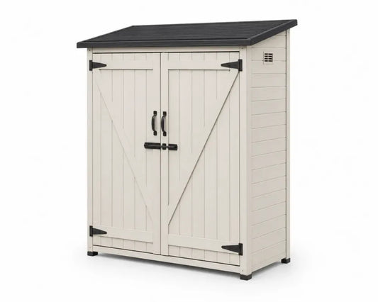 Gartenschrank Geräteschrank mit Doppeltür 110 x 76 x 132 cm Polypropylen Holzoptik Creme Schwarz
