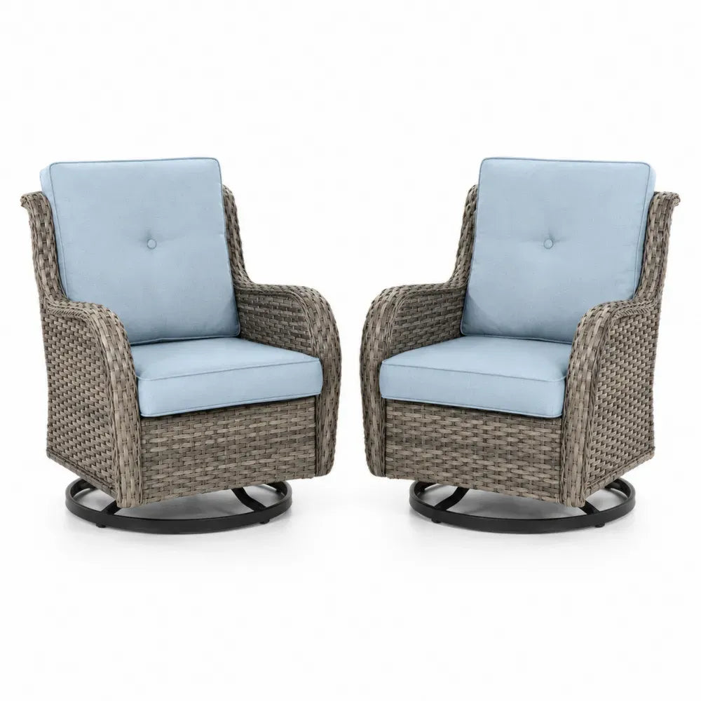 2er Set Garten Drehsessel mit PE-Rattan Polyesterkissen und Stahlrahmen Hellblau Grau Schwarz 74 x 78 x 92 cm