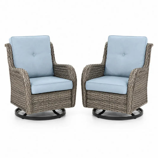 2er Set Garten Drehsessel mit PE-Rattan Polyesterkissen und Stahlrahmen Hellblau Grau Schwarz 74 x 78 x 92 cm