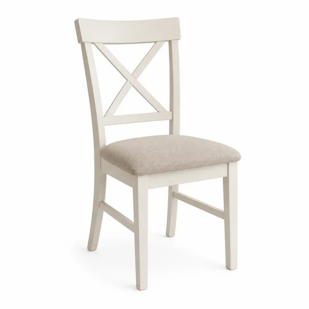 Esszimmerstuhl mit X Rückenlehne gepolsterter rechteckiger Sitzfläche Kautschukholz Polyestergewebe Cremeweiß Beige 47 x 53 x 96 cm