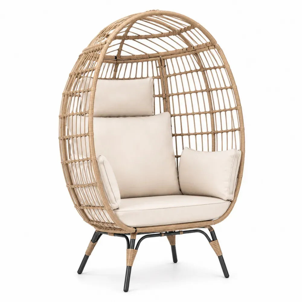 Garten Eiersessel mit Kissen Stahlrahmen PE-Rattan ovale Korbform Naturbeige Beige Schwarz 90 x 86 x 158 cm