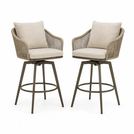 2er Set drehbare Gartenbarstühle mit Armlehnen halbrund Beige Taupe Dunkelbraun 58 x 56 x 108 cm Polypropylen Kordel Stahlrohr