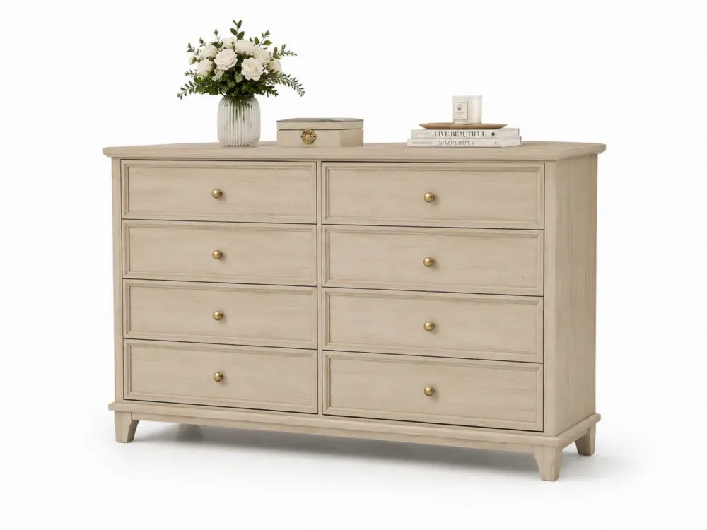 Rechteckige Kommode 8 Schubladen MDF mit Eichenfurnier Eiche hell Messingfarben 120 x 40 x 82 cm