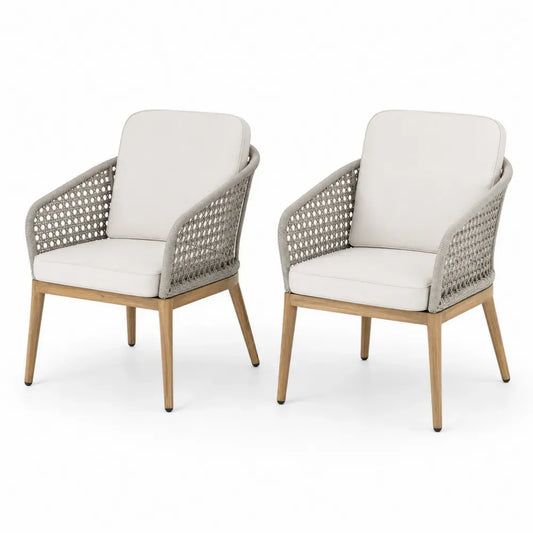 2er Set Gartenstuhl Loungesessel mit Armlehnen PE Rattan Aluminiumrahmen Akazienholzbeine Polyesterkissen beige naturbeige naturholzfarben 62 x 65 x 82 cm