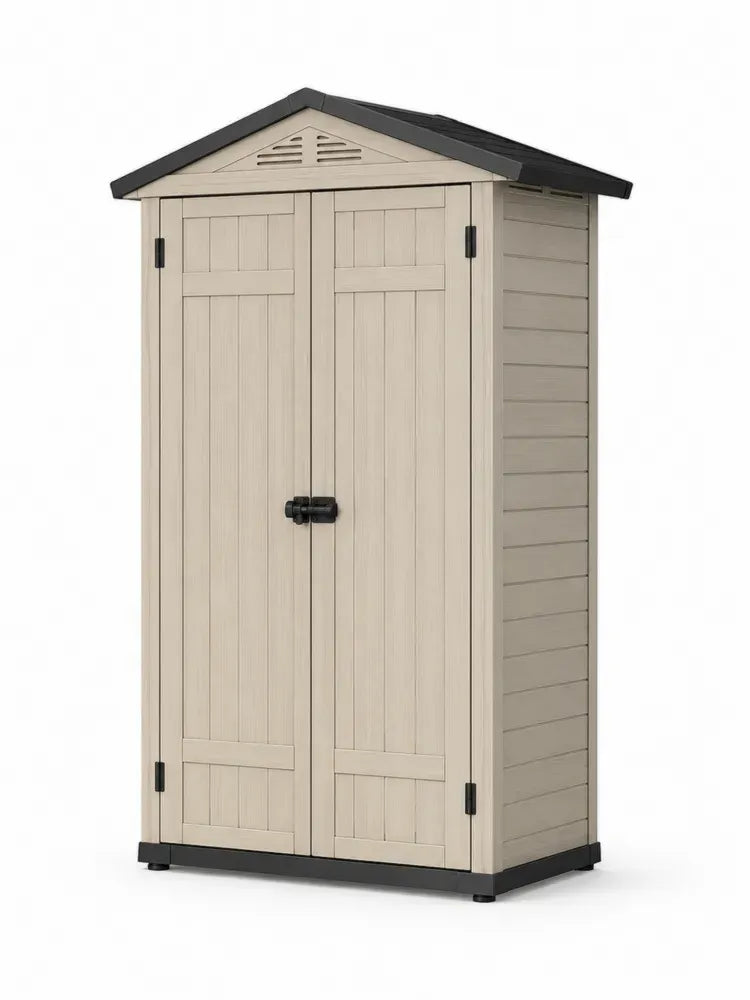 Gartenschuppen Geräteschrank mit Doppeltür Satteldach Lüftung und PP Kunststoff beige schwarz 130 x 75 x 190 cm