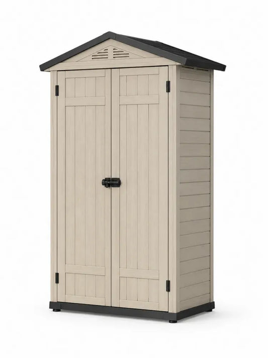 Gartenschuppen Geräteschrank mit Doppeltür Satteldach Lüftung und PP Kunststoff beige schwarz 130 x 75 x 190 cm