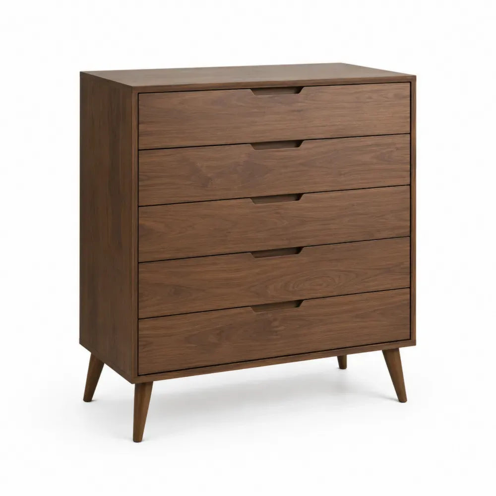 Kommode mit 5 Schubladen rechteckig Spanplatte MDF Walnussdekor Kautschukholzbeine Walnussbraun 80 x 40 x 95 cm