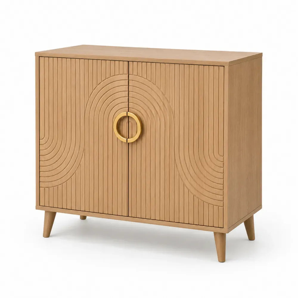 Sideboard Aufbewahrungsschrank mit 2 Türen rechteckig Eiche hell Goldfarben 80 x 35 x 80 cm MDF Eichenfurnier Gummibaumholz