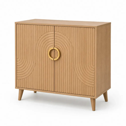 Sideboard Aufbewahrungsschrank mit 2 Türen rechteckig Eiche hell Goldfarben 80 x 35 x 80 cm MDF Eichenfurnier Gummibaumholz