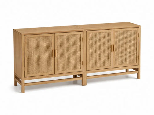 Rechteckiger Aufbewahrungsschrank Sideboard mit 4 Türen MDF mit Eichenfurnier Rattangeflecht Natur 160 x 40 x 78 cm