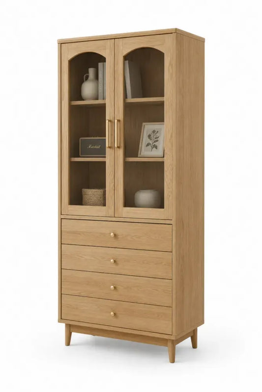 Vitrinenschrank Aufbewahrungsschrank mit 2 Glastüren und 4 Schubladen rechteckig Eiche hell Transparent Goldfarben 80 x 40 x 180 cm Spanplatte MDF