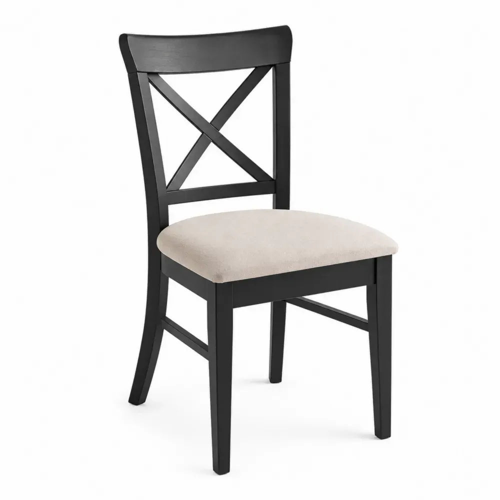 Esszimmerstuhl mit X Rückenlehne rechteckiger gepolsterter Sitzfläche Kautschukholz Polyestergewebe Schwarz Beige 47 x 53 x 96 cm