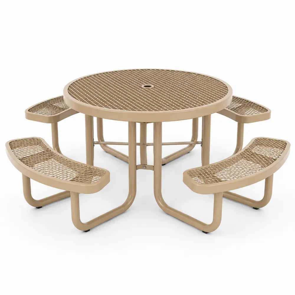 Picknicktisch Gartentisch rund mit 4 Sitzbänken Beige Schwarz Silberfarben 180 x 180 x 74 cm Stahl Streckmetall