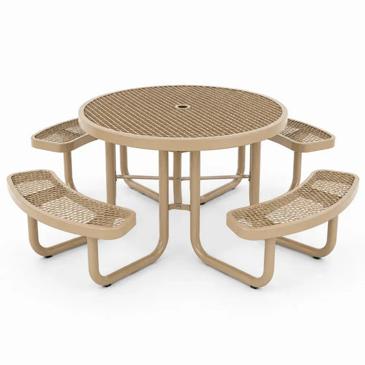 Picknicktisch Gartentisch rund mit 4 Sitzbänken Beige Schwarz Silberfarben 180 x 180 x 74 cm Stahl Streckmetall