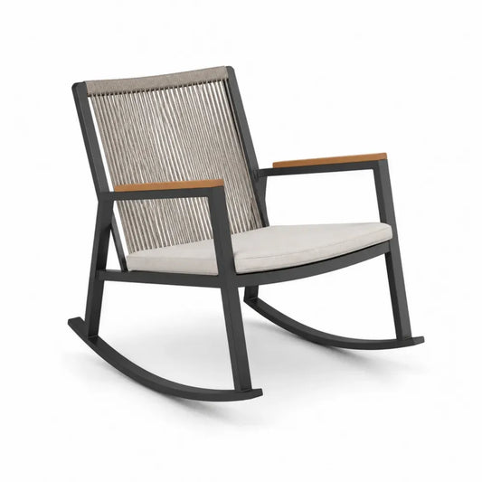Garten Schaukelstuhl Loungesessel mit Armlehnen und Sitzkissen 74 x 86 x 82 cm Aluminiumrahmen PE-Rattan-Seilgeflecht Beige Grau Schwarz Naturholz